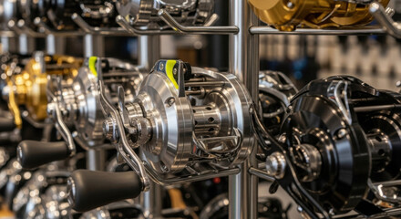 Fototapeta premium High quality fishing reel stainless steel black and gold displayed on rack in fishing equipment store shiny modern close up outdoor gear professional sport hobby