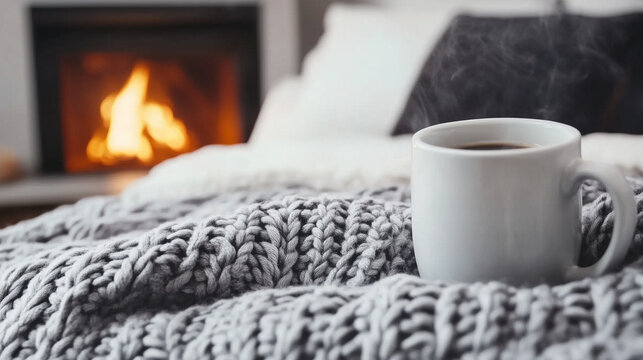 Eine Tasse Kaffee steht auf einer gestrickten, grauen Decke im hellen Wohnzimmer auf der Couch, der Kamin prasselt im Hintergrund, Gem&uuml;tlichkeit im Winter, Querformat