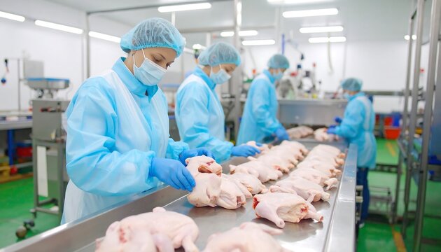 Poultry Processing Plant Workers in Sterile Attire Handling Raw Chicken