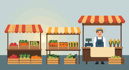 Colorful Outdoor Farmers Market Stall with Fresh Produce and Friendly Vendor