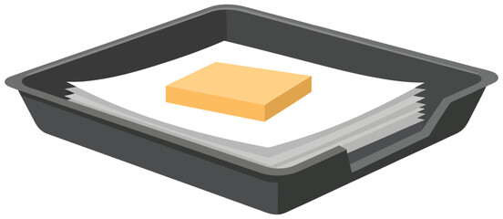 Document tray vector illustration in a flat cartoon style showing a dark tray filled with paper and a yellow sticky note pad on top ideal for office organization workplace visuals productivity designs © UmmeFarhatunnesa