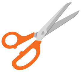 Flat vector illustration of metal scissors with orange plastic handles in open position isolated on white background