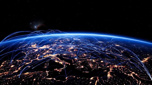 Glowing lines connect city lights on Earth from space