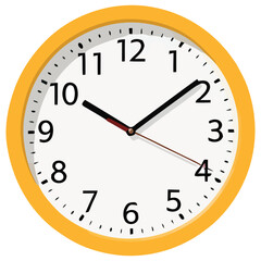 Clock illustration showing yellow wall clock with hour minute and second hands positioned at ten ten and twenty seconds in clean minimal flat design ideal for time management visuals