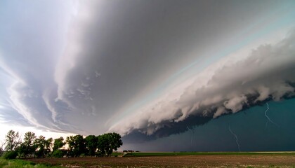 Massive storm cloud hovering over a field.
