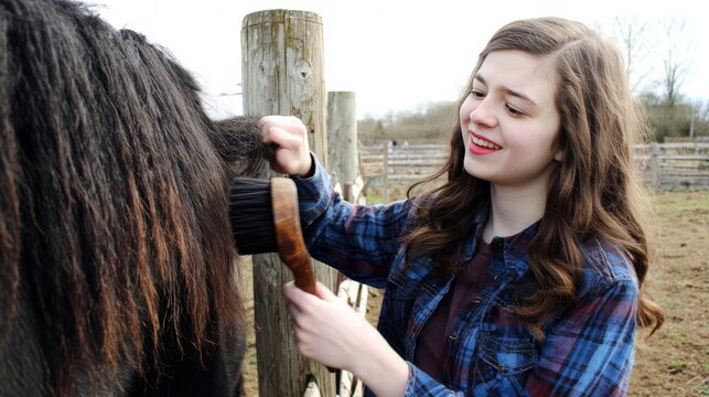 A happy young woman brushes a horse's mane with a wooden brush on a sunny day. - Powered by Adobe