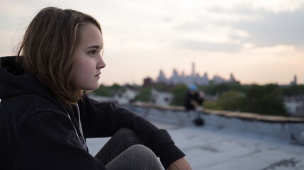 Obraz premium A young person sits on a rooftop, gazing at the city skyline during dusk or sunset.
