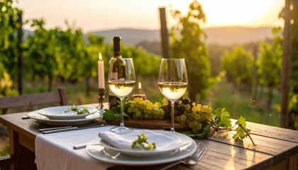 Rustic Outdoor Wine Dinner Setting at Sunset