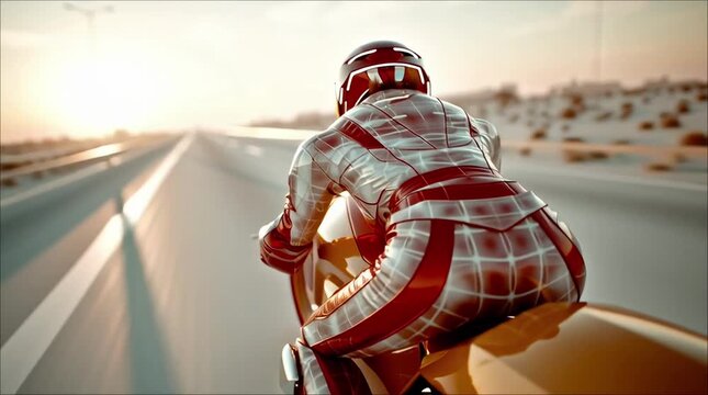 Android girl from the future rides a futuristic motorcycle on a desert highway