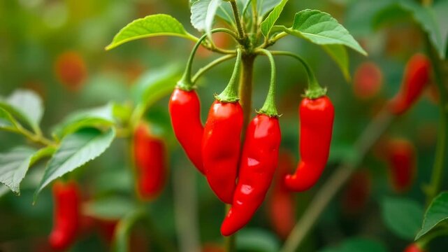 Bright red pods of hot chili peppers on a bush closeup on background of greenery growing in garden, greenhouse.  For culinary projects, spice ads, farming and content about growing vegetables.