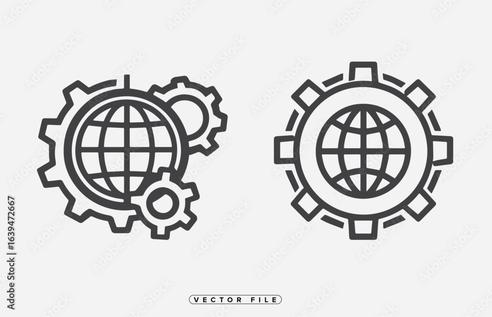 Poster global technology vector icons featuring gears and globe elements in minimalist design