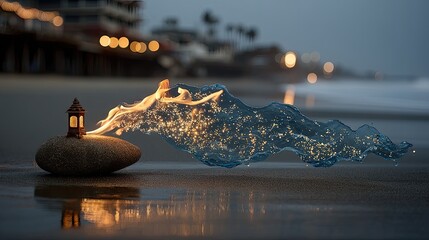 Ocean Beach Night Scene with Magical Fire and Water Swirl