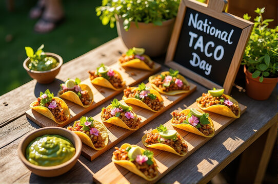 Overhead shot of beautifully arranged tacos with edible flowers on wooden boards, vibrant market setting. National Taco Day celebration and culinary delight.
