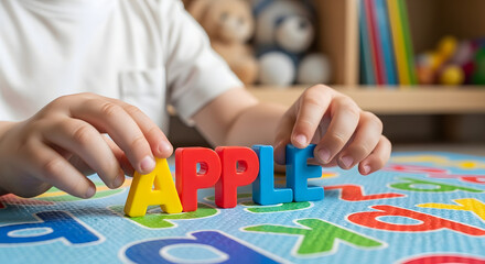 Obraz premium Toddler playing with colorful alphabet blocks learning early childhood education preschool development child development playful learning apple word spelling