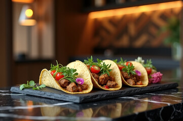 Artfully plated tacos with fresh ingredients and garnishes on a sleek black slate serving board in an upscale restaurant, luxury food photography concept