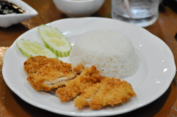 fried chicken or crispy chicken and rice or chicken and rice or Torikatsu or Chikinkatsu