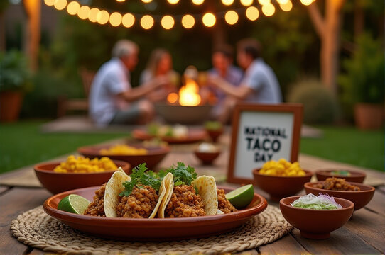 Intimate table scene with street-style tacos surrounded by rustic bowls and warm string lights in a garden, celebrating National Taco Day. - Powered by Adobe
