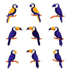 Fototapeta premium A vibrant collection of tropical bird illustrations featuring colorful toucans and macaws perched on branches.