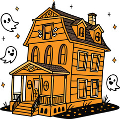 Fototapeta premium Haunted House with Ghosts Halloween Cartoon Illustration