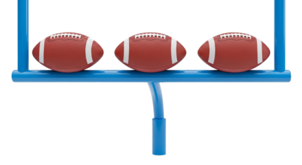 Three american footballs on goal post isolated on transparent background