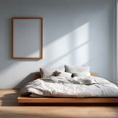 Minimalist bedroom with wooden platform bed, soft gray bedding, large blank frame, sunlight streaming, cozy and peaceful atmosphere