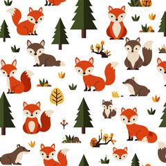 Fototapeta premium Seamless pattern with cute cartoon foxes and forest trees. Charming woodland friends background for children's textiles.