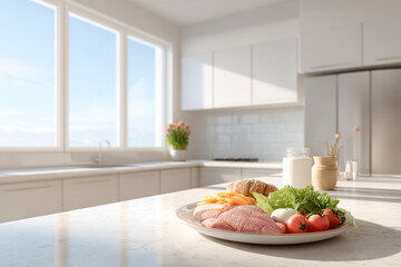 modern kitchen focused on healthy eating featuring ar calorie visualization on plate