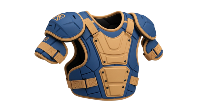 Blue and tan baseball catcher s chest protector isolated on transparent background