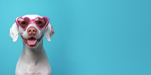 White dog wearing pink heart shapes sunglasses, mouth looks like smiling. Studio photo banner with copy space on side. Generative AI