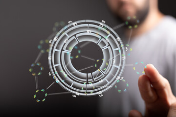 Modern businessman interacts with a futuristic digital interface showcasing data analysis and insights.