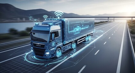 Futuristic Truck Navigates Highway with Digital Network Overlay
