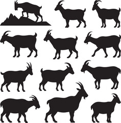 Eleven Black Silhouette Goats In Different Poses On White Background animal
