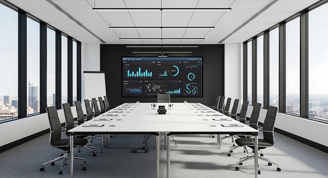 Modern Conference Room with City View and Data Display