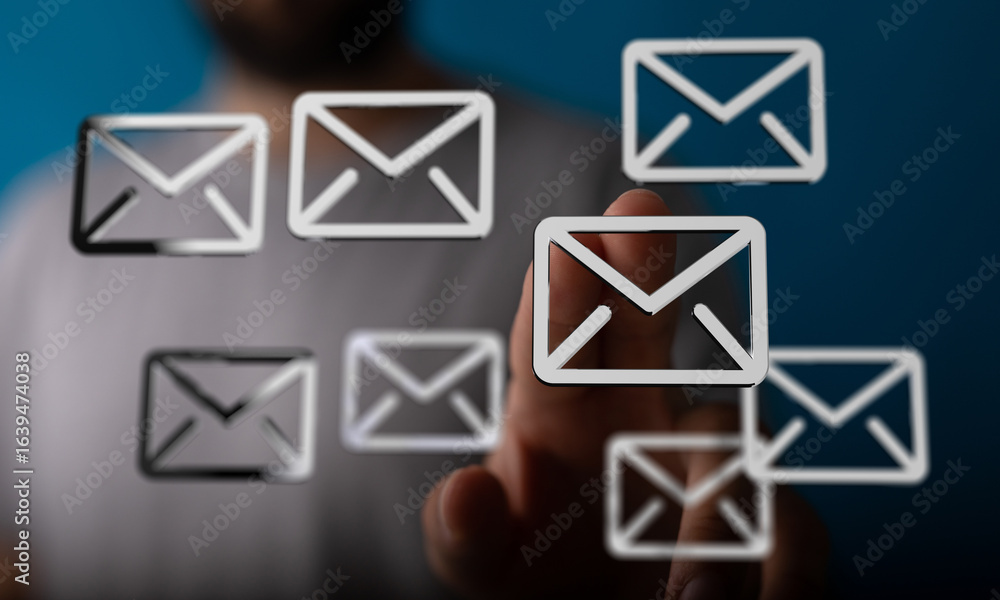 Poster hand interacting with email icons, illustrating inbox management and digital communication.