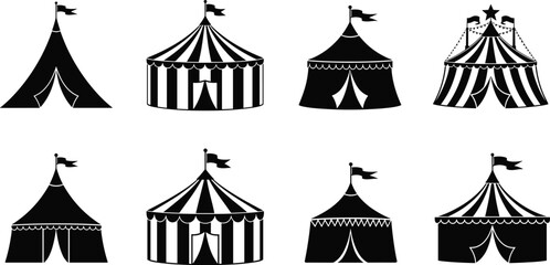 Silhouette circus tents collection, vintage carnival marquee icons, black fairground tent designs, festival pavilion shapes, retro circus illustrations, entertainment graphics set