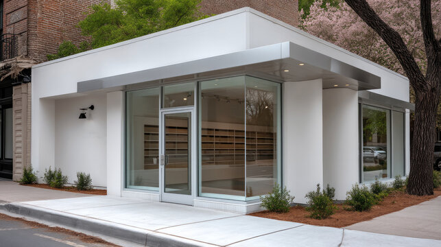 Modern delivery center with glass facade, white exterior, metal trim, and minimalist landscaping on city street corner