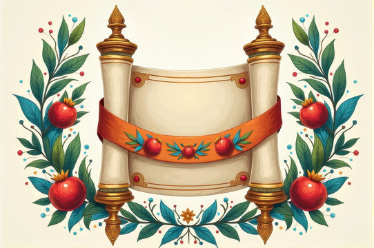 Decorative blank Torah scroll with golden finials, red ribbon adorned with pomegranates, and leafy floral ornament, festive Jewish holiday background for Sukkot or Rosh Hashanah