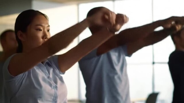 Diverse group of office employees participating in a corporate wellness program, stretching together in a modern, sunlit workspace