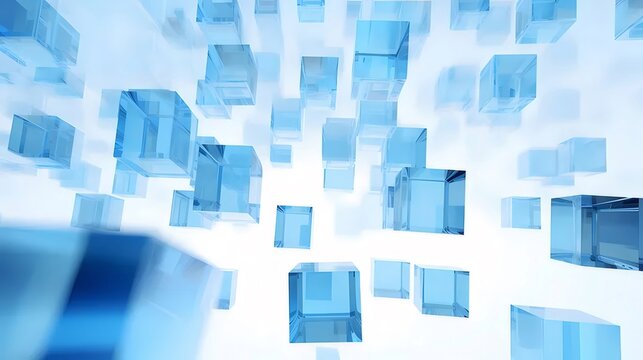 青いガラスのキューブの抽象的な3Dレンダリングがライトバックグラウンドに浮かんでいます