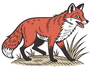 Fototapeta premium Animated red fox character stands alert in grassy meadow. A cheerful, cartoon-style red fox character stands alert on a grassy knoll, looking to the side.