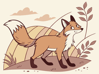 Animated red fox character stands alert in grassy meadow. A cheerful, cartoon-style red fox character stands alert on a grassy knoll, looking to the side.