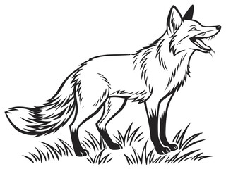Animated red fox character stands alert in grassy meadow. A cheerful, cartoon-style red fox character stands alert on a grassy knoll, looking to the side.