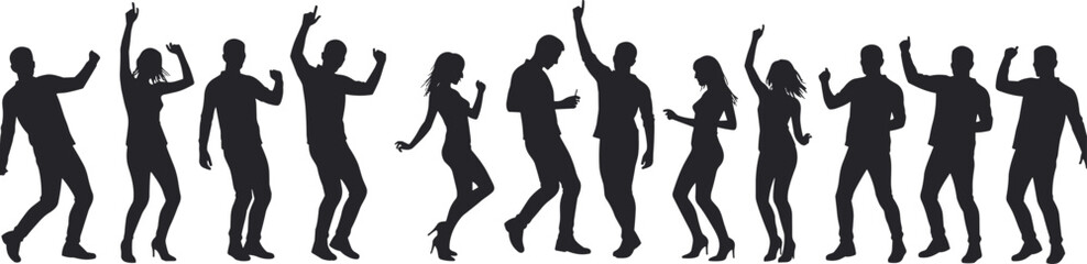 Dancing silhouettes, people dancing, party dance, dancing man and woman, dance figures, dancing group, party people, dancing vector art, celebration dance, night out