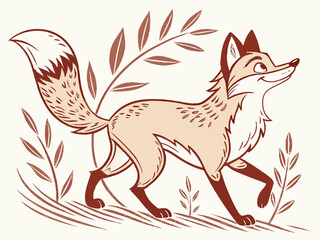 Animated red fox character stands alert in grassy meadow. A cheerful, cartoon-style red fox character stands alert on a grassy knoll, looking to the side.