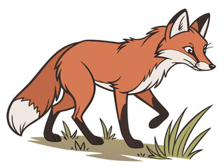 Animated red fox character stands alert in grassy meadow. A cheerful, cartoon-style red fox character stands alert on a grassy knoll, looking to the side.