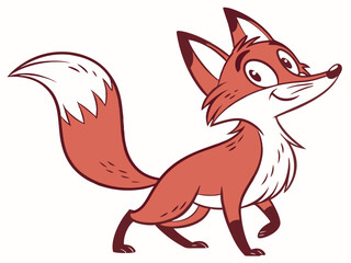 Animated red fox character stands alert in grassy meadow. A cheerful, cartoon-style red fox character stands alert on a grassy knoll, looking to the side.