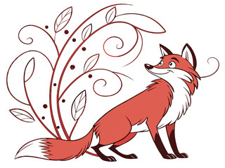 Animated red fox character stands alert in grassy meadow. A cheerful, cartoon-style red fox character stands alert on a grassy knoll, looking to the side.