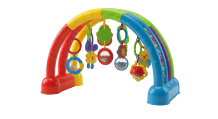 Colorful baby gym arch with hanging toys isolated on transparent background