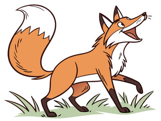 Animated red fox character stands alert in grassy meadow. A cheerful, cartoon-style red fox character stands alert on a grassy knoll, looking to the side.