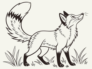 Animated red fox character stands alert in grassy meadow. A cheerful, cartoon-style red fox character stands alert on a grassy knoll, looking to the side.